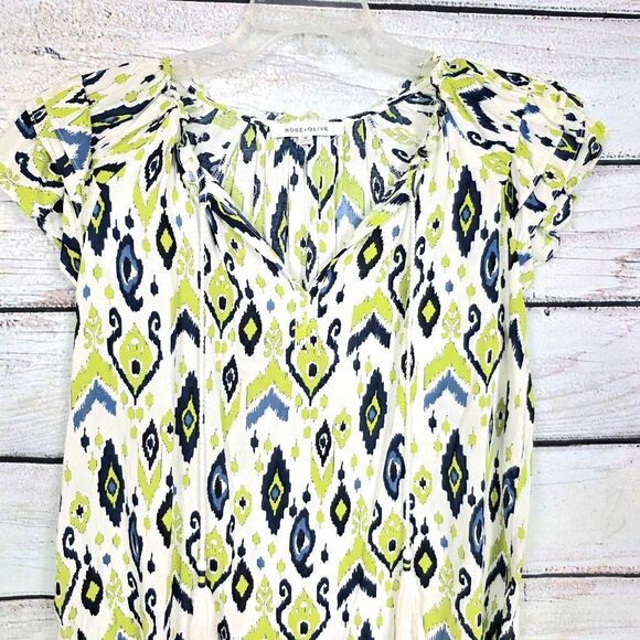 Rose + Olive Ikat Print Tassel Blouse Rayon M - Picture 3 of 8